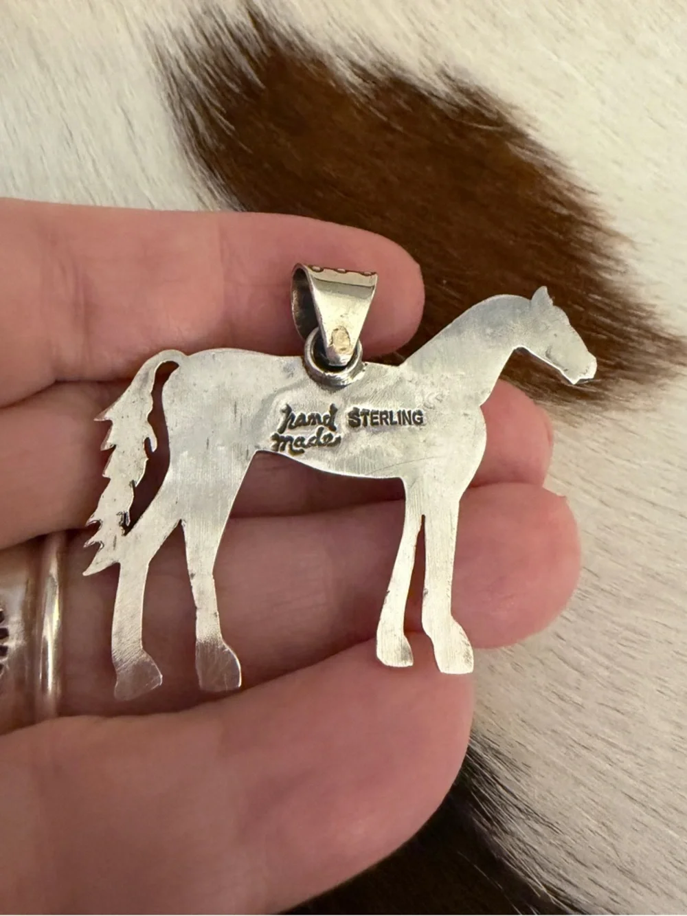 ❤️ Kingman Turquoise Sterling Hand Stamped Statement Horse Unisex Pendant